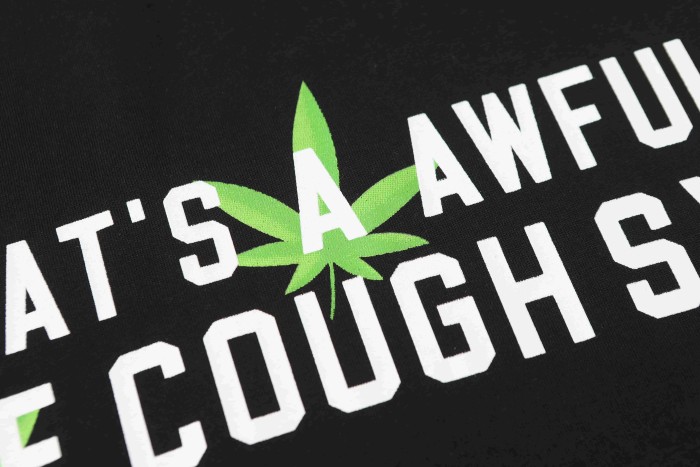 Minimal Street Green Hemp Leaf Accent Horizontal Slogan Front Large Vertical Bold Segmented Letter Tee 2 colors 29302254