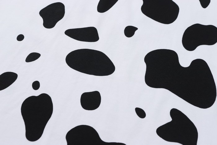 Street Irregular Cow Print Background Front Centered Horizontal Slogan Hollow Outline Stacked Letter Tee 2 colors 29302205