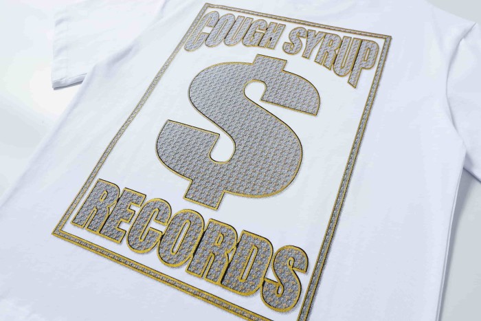 Luxury Hip Hop Rhinestone Mesh Texture Front Horizontal Slogan Back Framed Dollar Sign Records Logo Tee 29302196