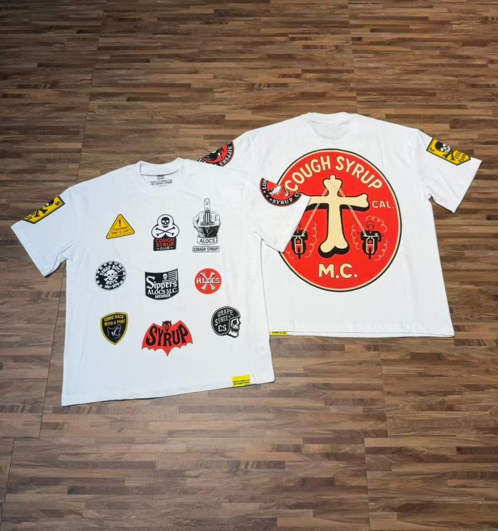Vintage Biker Club Patchwork Printed Multi Stickers Sleeve Accent Double Side Tee 2 colors 29302076