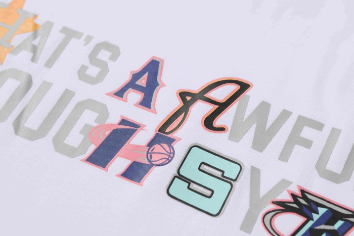 Basketball Street Multi Color Mix Match Staggered Letter Star & Basketball Accent Slogan Tee 29302234
