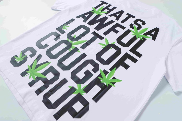 Minimal Street Green Hemp Leaf Accent Horizontal Slogan Front Large Vertical Bold Segmented Letter Tee 2 colors 29302254