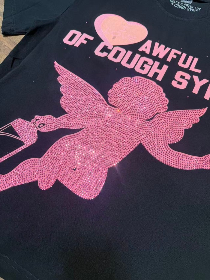 Romantic Street Rhinestone Dot Cupid Holding Syrup Bottle Heart Slogan Print Front Large Layered Stacked Bold Letter Tee 2 colors 29302161