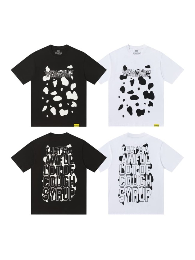 Street Irregular Cow Print Background Front Centered Horizontal Slogan Hollow Outline Stacked Letter Tee 2 colors 29302205