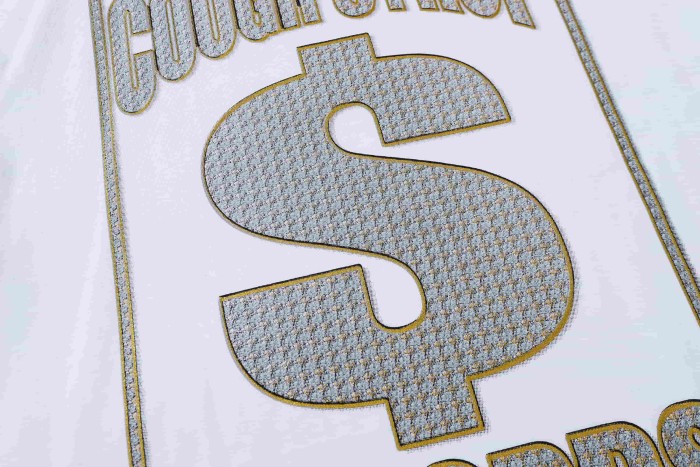 Luxury Hip Hop Rhinestone Mesh Texture Front Horizontal Slogan Back Framed Dollar Sign Records Logo Tee 29302196