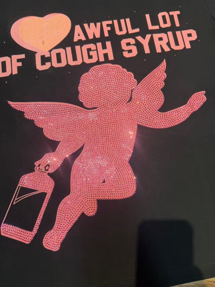 Romantic Street Rhinestone Dot Cupid Holding Syrup Bottle Heart Slogan Print Front Large Layered Stacked Bold Letter Tee 2 colors 29302161