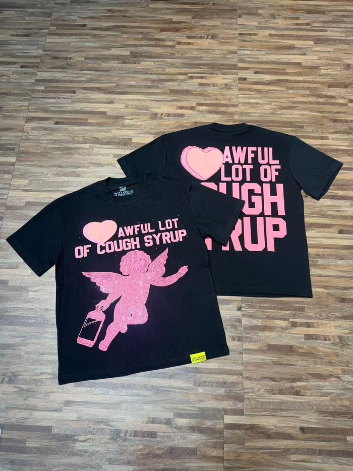 Romantic Street Rhinestone Dot Cupid Holding Syrup Bottle Heart Slogan Print Front Large Layered Stacked Bold Letter Tee 2 colors 29302161