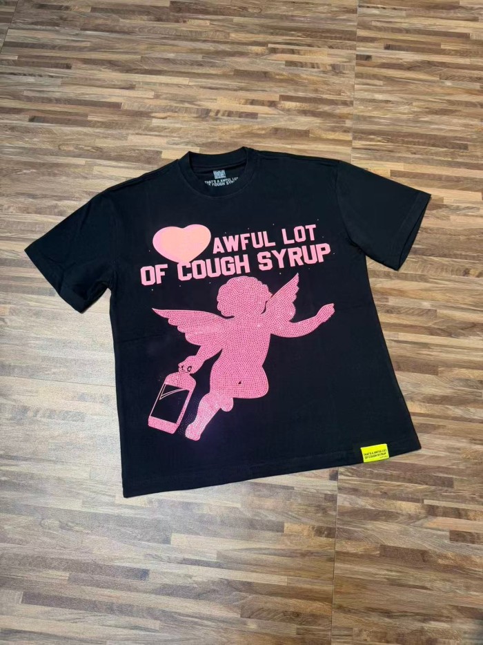 Romantic Street Rhinestone Dot Cupid Holding Syrup Bottle Heart Slogan Print Front Large Layered Stacked Bold Letter Tee 2 colors 29302161