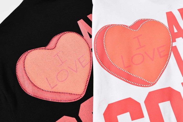 Romantic Street Rhinestone Dot Cupid Holding Syrup Bottle Heart Slogan Print Front Large Layered Stacked Bold Letter Tee 2 colors 29302161