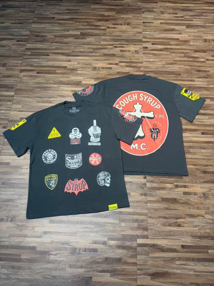 Vintage Biker Club Patchwork Printed Multi Stickers Sleeve Accent Double Side Tee 2 colors 29302076