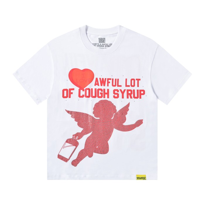Romantic Street Rhinestone Dot Cupid Holding Syrup Bottle Heart Slogan Print Front Large Layered Stacked Bold Letter Tee 2 colors 29302161