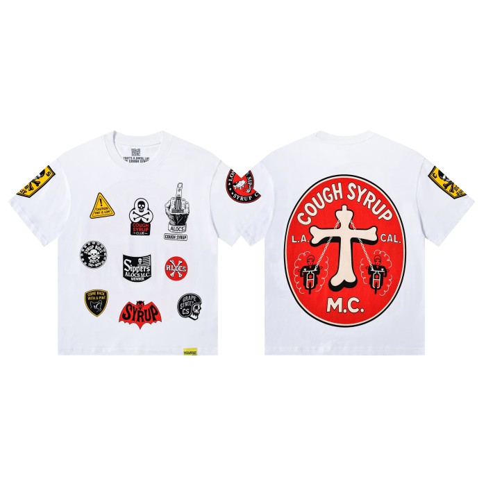 Vintage Biker Club Patchwork Printed Multi Stickers Sleeve Accent Double Side Tee 2 colors 29302076