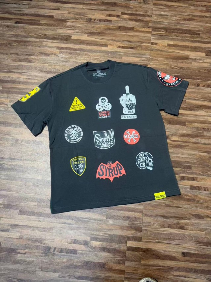 Vintage Biker Club Patchwork Printed Multi Stickers Sleeve Accent Double Side Tee 2 colors 29302076