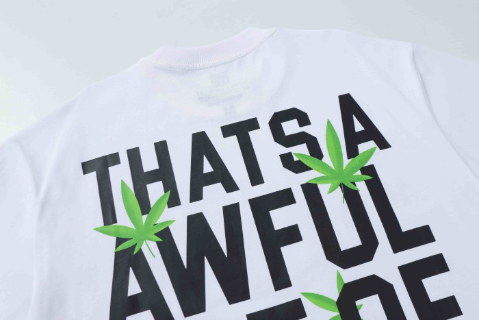 Minimal Street Green Hemp Leaf Accent Horizontal Slogan Front Large Vertical Bold Segmented Letter Tee 2 colors 29302254