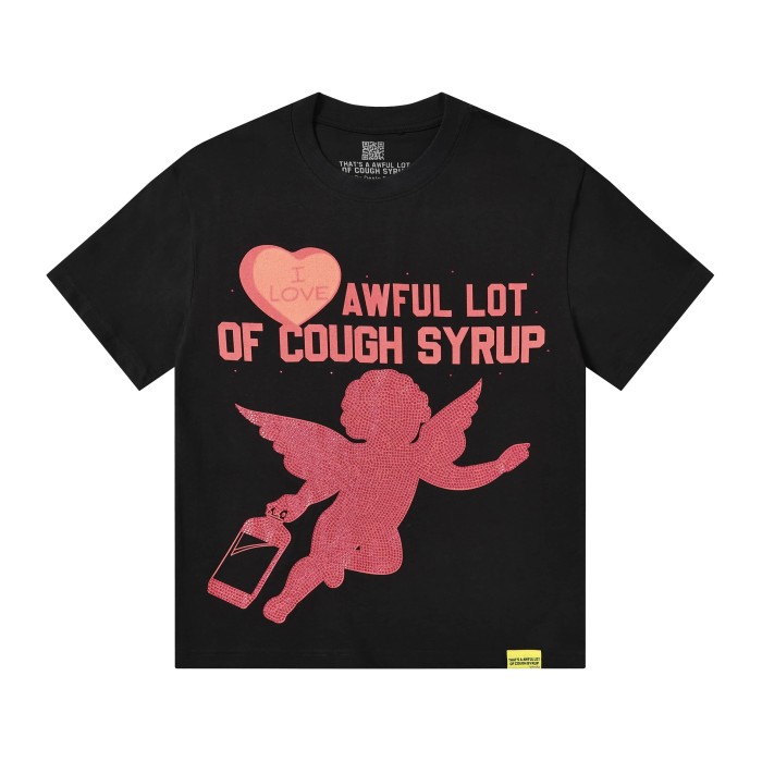 Romantic Street Rhinestone Dot Cupid Holding Syrup Bottle Heart Slogan Print Front Large Layered Stacked Bold Letter Tee 2 colors 29302161