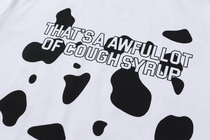 Street Irregular Cow Print Background Front Centered Horizontal Slogan Hollow Outline Stacked Letter Tee 2 colors 29302205
