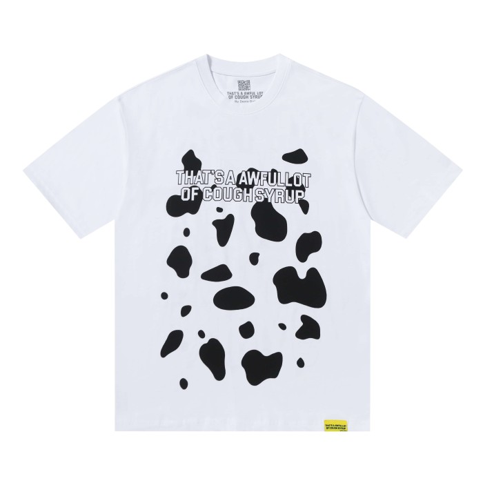 Street Irregular Cow Print Background Front Centered Horizontal Slogan Hollow Outline Stacked Letter Tee 2 colors 29302205