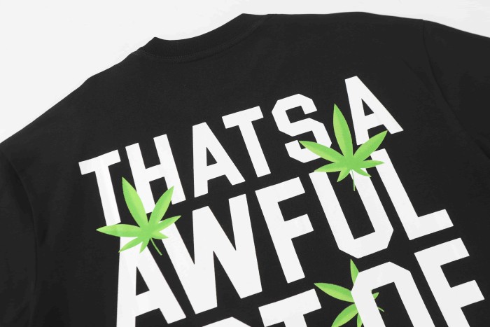 Minimal Street Green Hemp Leaf Accent Horizontal Slogan Front Large Vertical Bold Segmented Letter Tee 2 colors 29302254