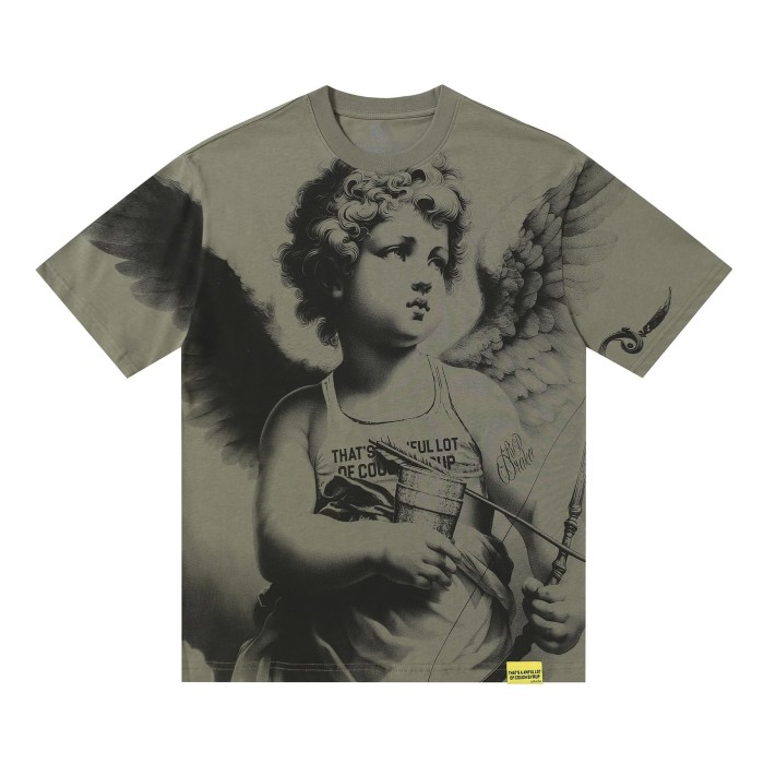 Sketch Cupid Angel Tattoo Detail Front Gothic Stacked Cursive Slogan Back Tee 4 colors 29290017