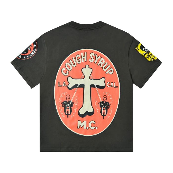 Vintage Biker Club Patchwork Printed Multi Stickers Sleeve Accent Double Side Tee 2 colors 29302076