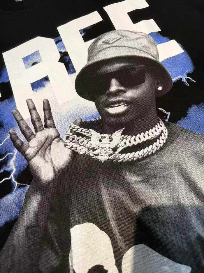Vintage Hip Hop Portrait Lightning Background Letter Print Front Bold Stacked Full Slogan Tee 29302082