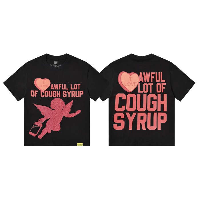 Romantic Street Rhinestone Dot Cupid Holding Syrup Bottle Heart Slogan Print Front Large Layered Stacked Bold Letter Tee 2 colors 29302161