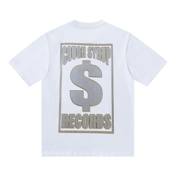 Luxury Hip Hop Rhinestone Mesh Texture Front Horizontal Slogan Back Framed Dollar Sign Records Logo Tee 29302196