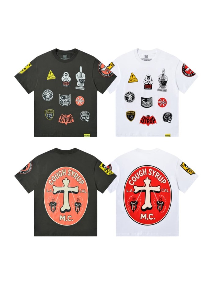 Vintage Biker Club Patchwork Printed Multi Stickers Sleeve Accent Double Side Tee 2 colors 29302076