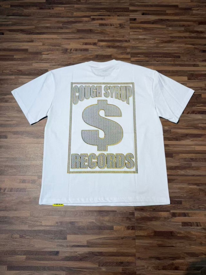 Luxury Hip Hop Rhinestone Mesh Texture Front Horizontal Slogan Back Framed Dollar Sign Records Logo Tee 29302196