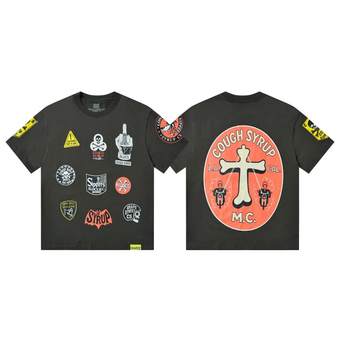 Vintage Biker Club Patchwork Printed Multi Stickers Sleeve Accent Double Side Tee 2 colors 29302076