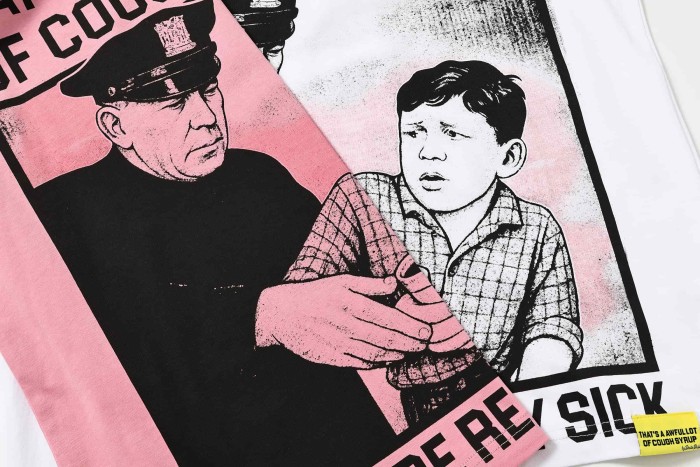 Vintage Newspaper Comic Cop & Boy Frame Graphic Front Large Black Outline Stacked Bold Letter Tee 2 colors 29302176
