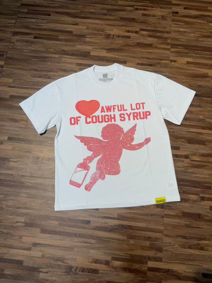 Romantic Street Rhinestone Dot Cupid Holding Syrup Bottle Heart Slogan Print Front Large Layered Stacked Bold Letter Tee 2 colors 29302161