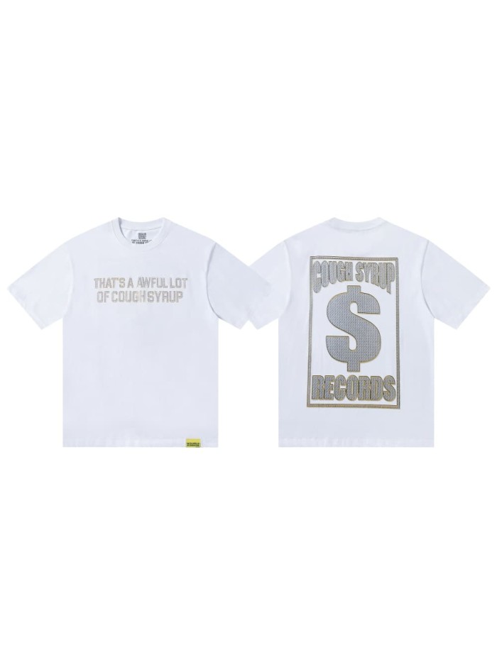 Luxury Hip Hop Rhinestone Mesh Texture Front Horizontal Slogan Back Framed Dollar Sign Records Logo Tee 29302196