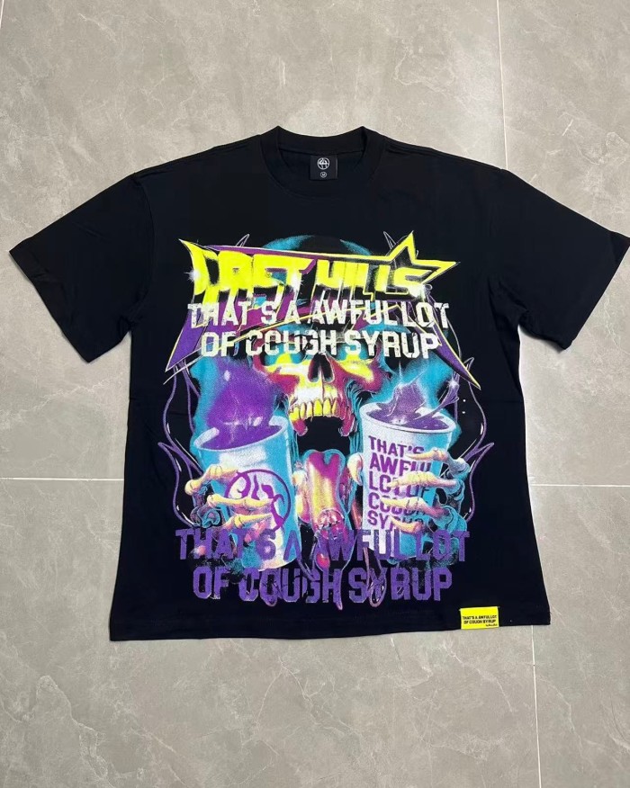 Neon Gradient Skull Syrup Cup Yellow Block Letter Flame Border Slogan Double Sided Print Tee 2 colors 29303958