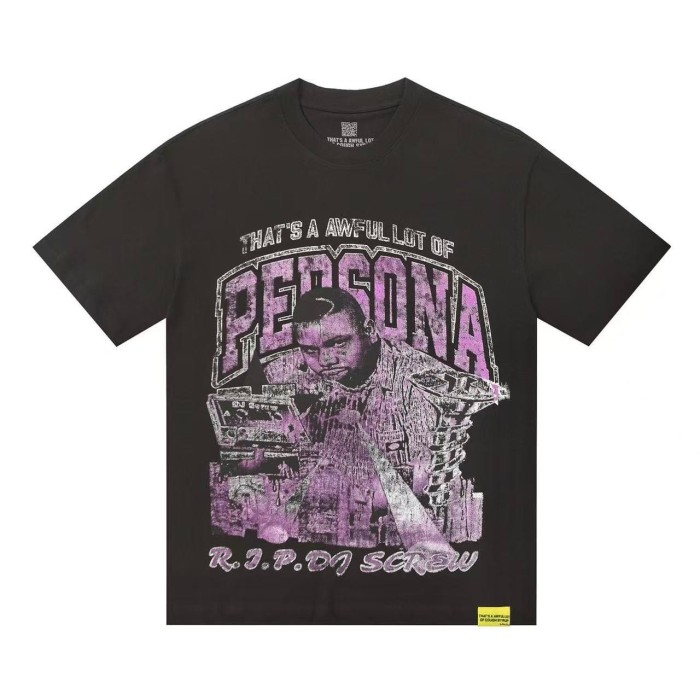Purple Faded Grainy DJ Screw Tribute RIP Memorial Persona Gothic Font Portrait Graphic Print Tee 29303823