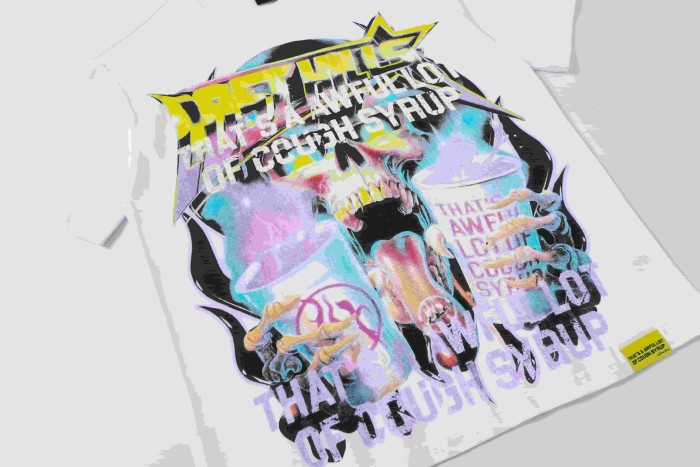 Neon Gradient Skull Syrup Cup Yellow Block Letter Flame Border Slogan Double Sided Print Tee 2 colors 29303958