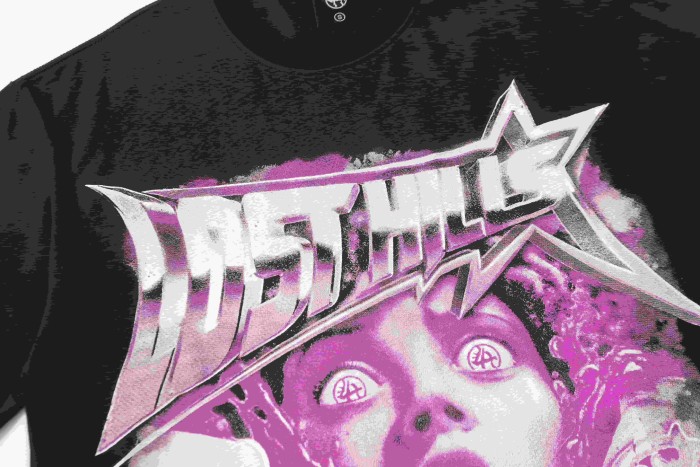 Screaming Horror Portrait Distressed Bottom Text Front Pink Circular Ring Demon Silhouette Graphic Print Tee 2 colors 29303988