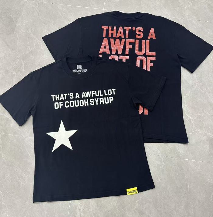 Five Pointed Star Accent Small Font Text Front Large Bold Red Stacked Block Letter Print Tee 29303859