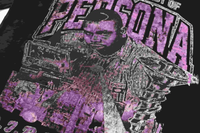 Purple Faded Grainy DJ Screw Tribute RIP Memorial Persona Gothic Font Portrait Graphic Print Tee 29303823