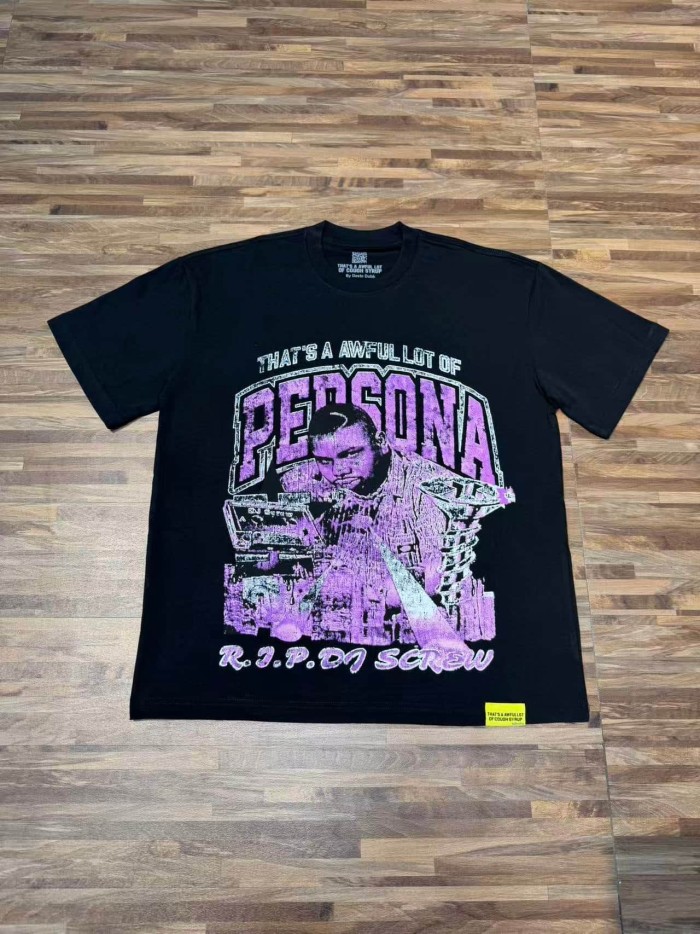 Purple Faded Grainy DJ Screw Tribute RIP Memorial Persona Gothic Font Portrait Graphic Print Tee 29303823