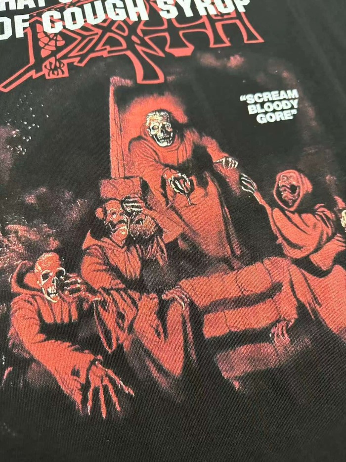 Red Hue Grim Reaper Group Portrait Gothic Death Letter Front Large Orange Bold Block Slogan Print Tee 29303887