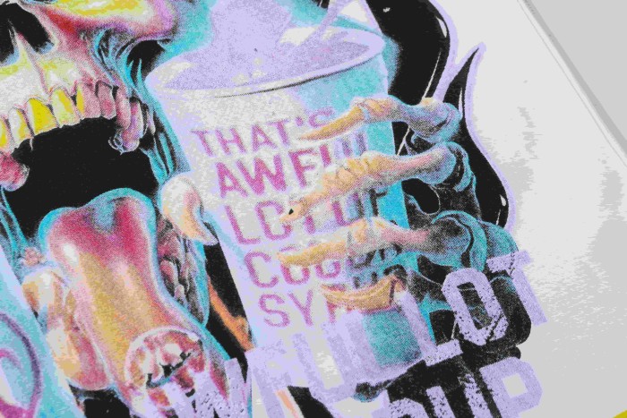 Neon Gradient Skull Syrup Cup Yellow Block Letter Flame Border Slogan Double Sided Print Tee 2 colors 29303958