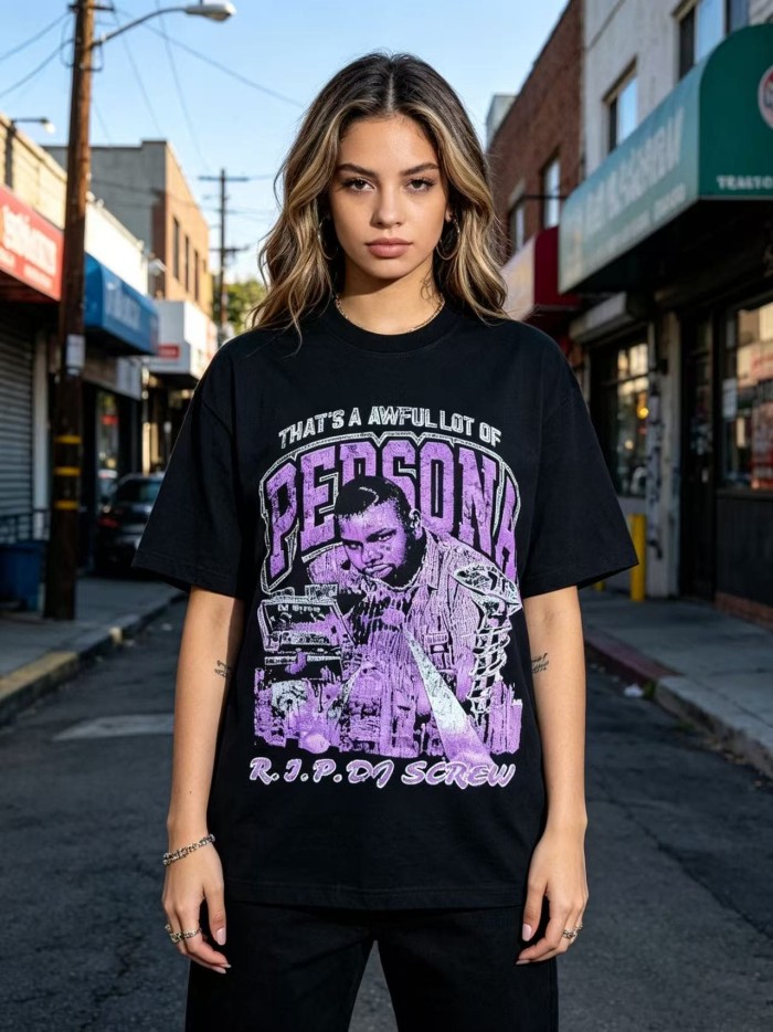 Purple Faded Grainy DJ Screw Tribute RIP Memorial Persona Gothic Font Portrait Graphic Print Tee 29303823