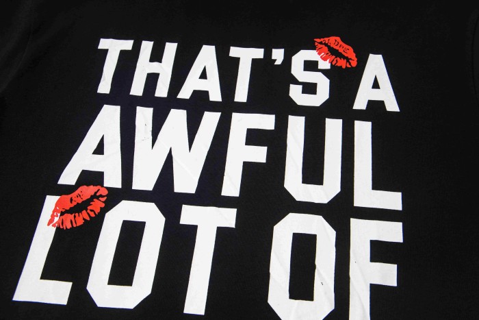 Lip Print Decorated Front Small Text Back Stacked Bold Letter Cursive Word Print Tee 29303861