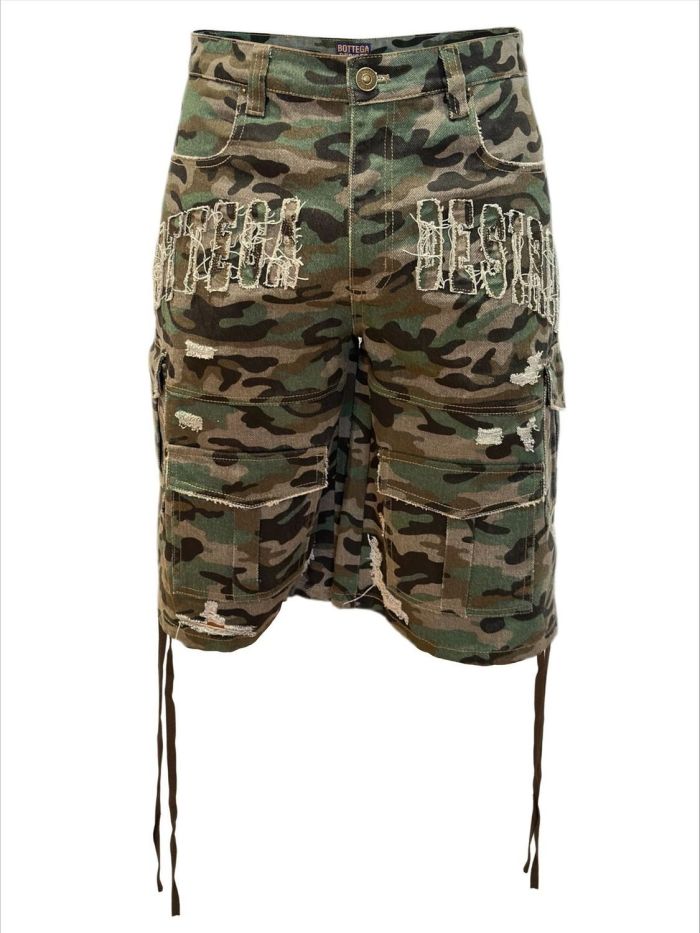 Large Pocket Line Embroidery Streamer Seven-Point Denim Shorts 29303962