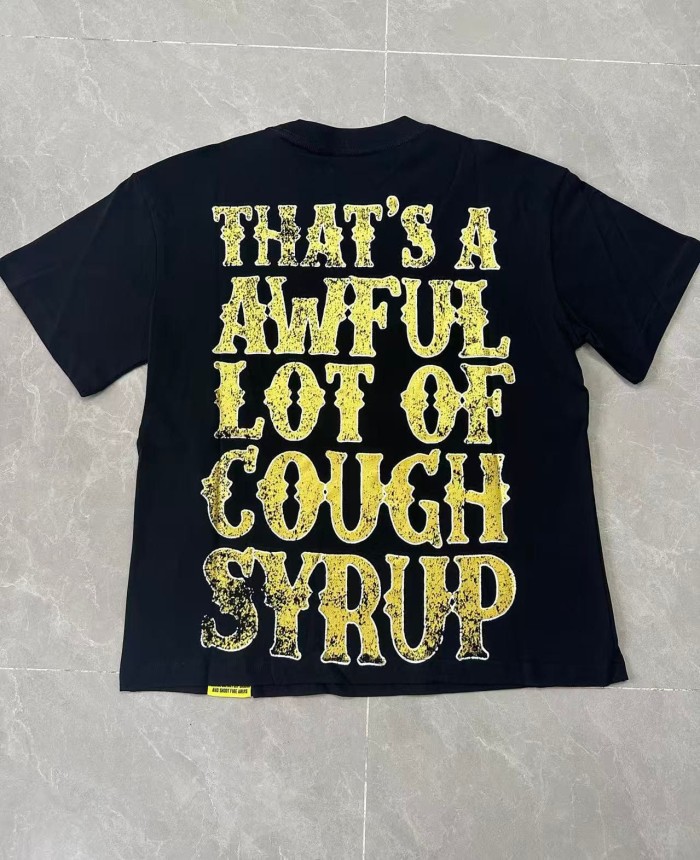 Vertical Stacked Pharmacy Words Front Large Faded Gold Block Letter Slogan Print Tee 29303867