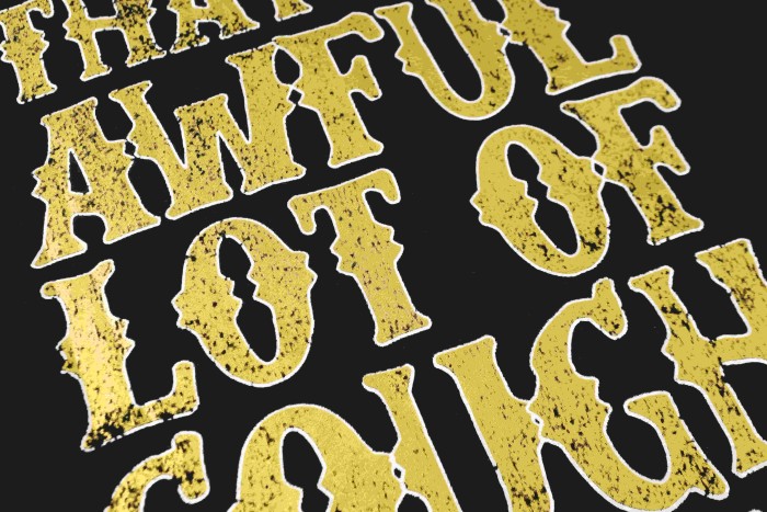 Vertical Stacked Pharmacy Words Front Large Faded Gold Block Letter Slogan Print Tee 29303867