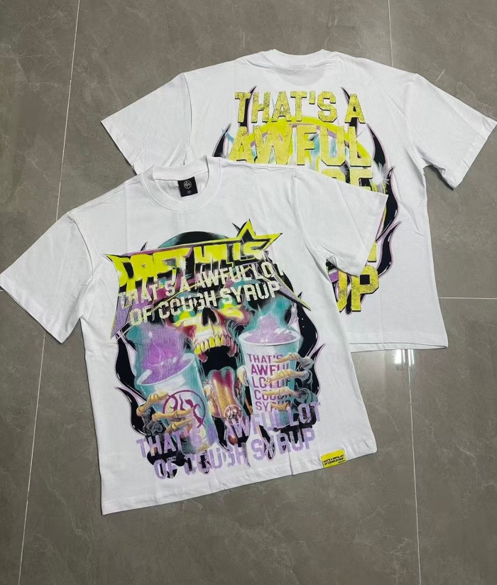 Neon Gradient Skull Syrup Cup Yellow Block Letter Flame Border Slogan Double Sided Print Tee 2 colors 29303958