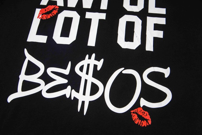 Lip Print Decorated Front Small Text Back Stacked Bold Letter Cursive Word Print Tee 29303861