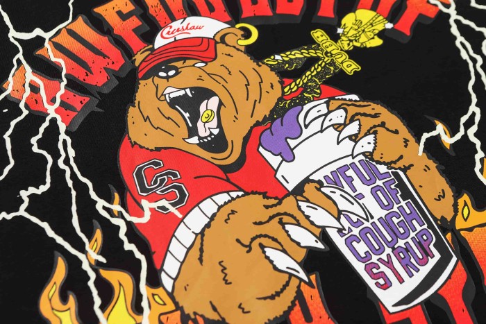 Bear Holding Syrup Cup Flame Outline Arch Letter Front Orange Red Gradient 3D Block Letter Slogan Print Tee 29303918